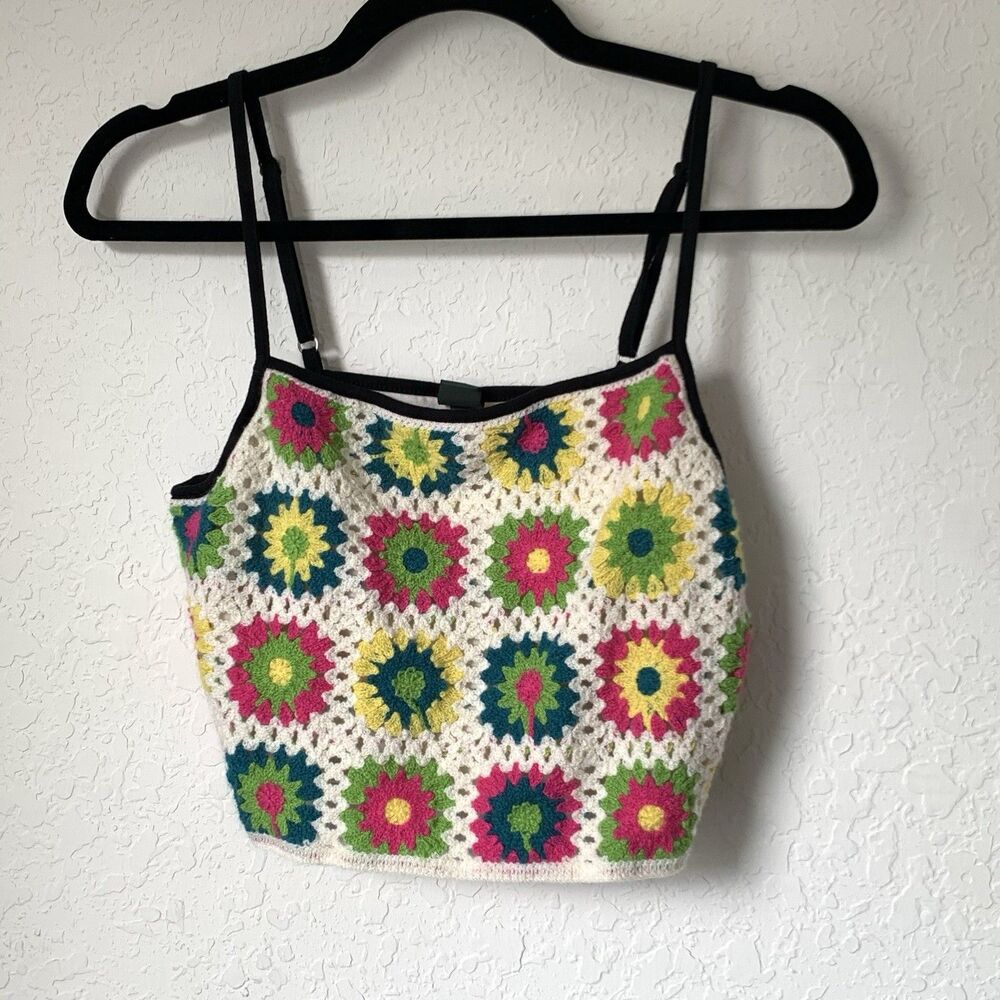 Wild Fable Crop Top Granny Squares Knit Floral Tank Colorful Women M Boho‎